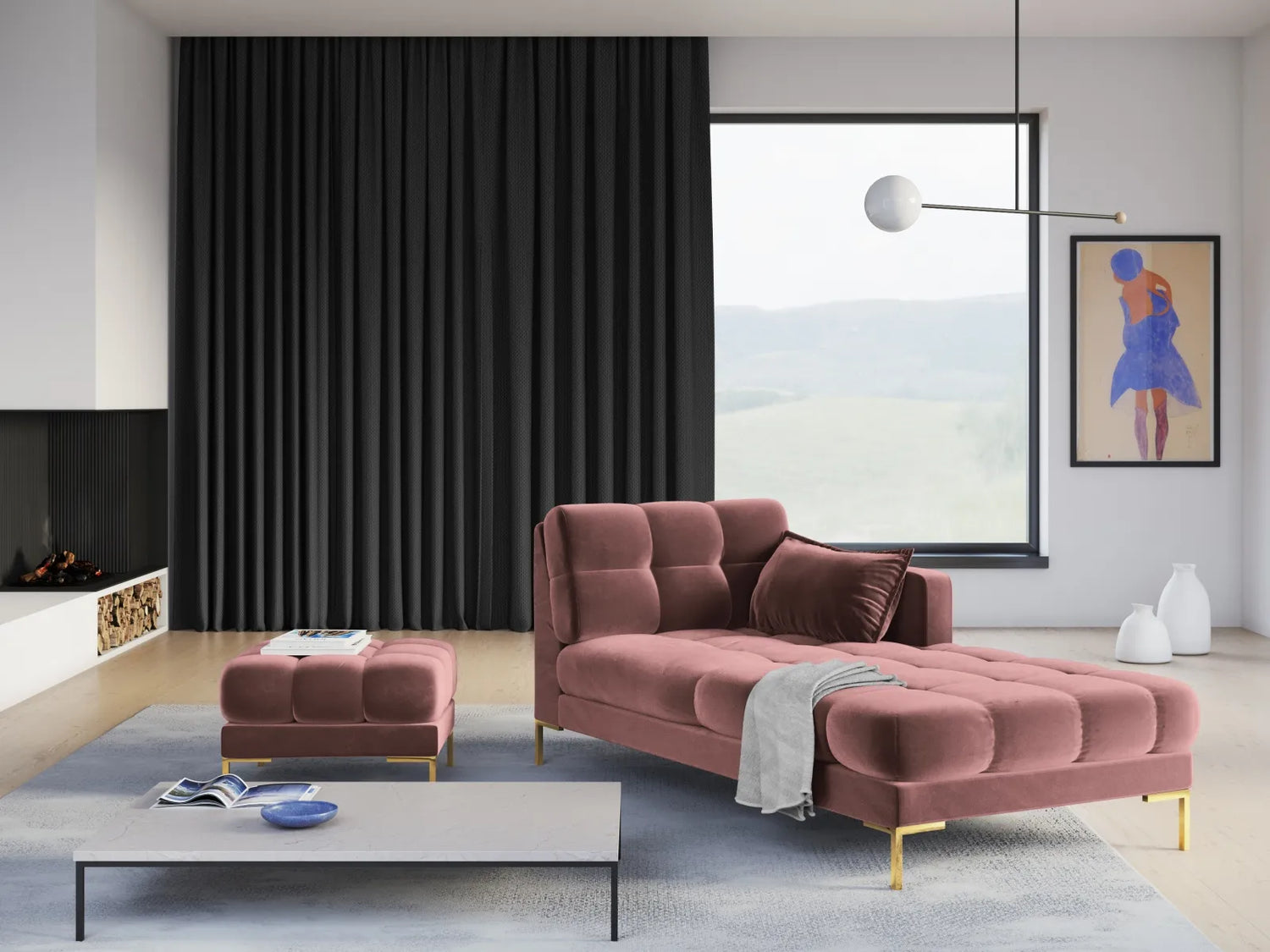 Mamaia 2-Sitzer Chaiselongue Rechte Seite, Beine Goldmetall, mit Bezug aus Samt (Blu52) in Rosa, 185x102 cm – Bild 2