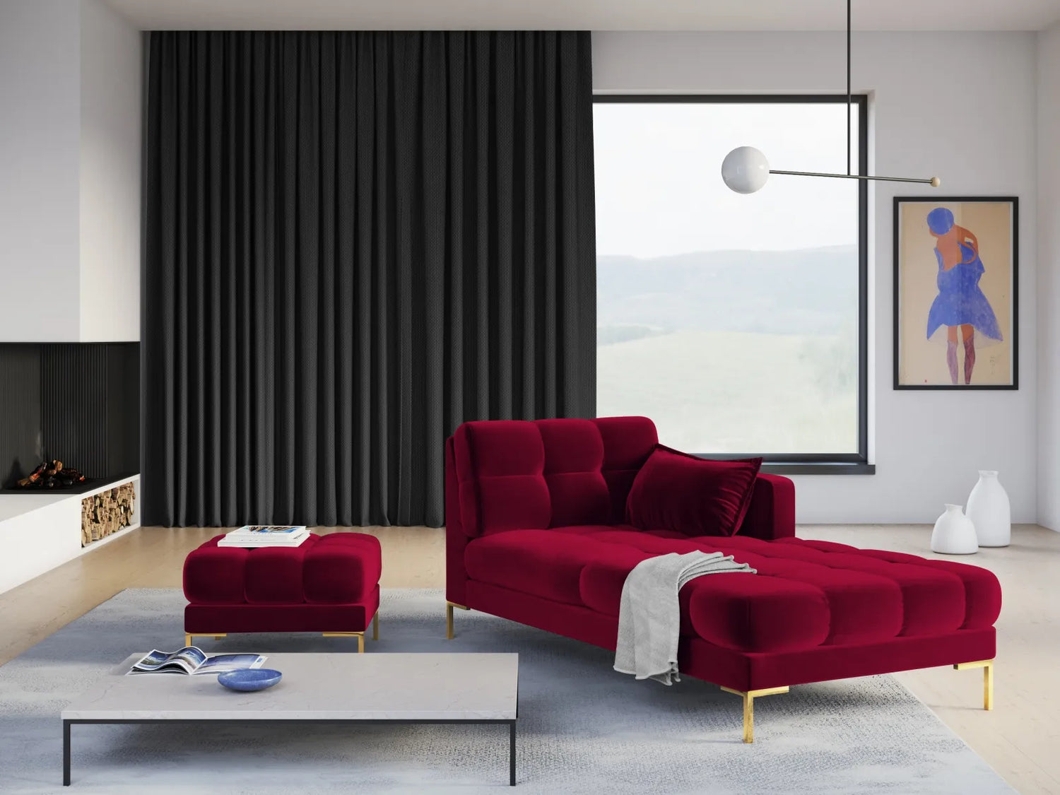 Mamaia 2-Sitzer Chaiselongue Rechte Seite, Beine Goldmetall, mit Bezug aus Samt (Blu59) in Rot, 185x102 cm – Bild 2
