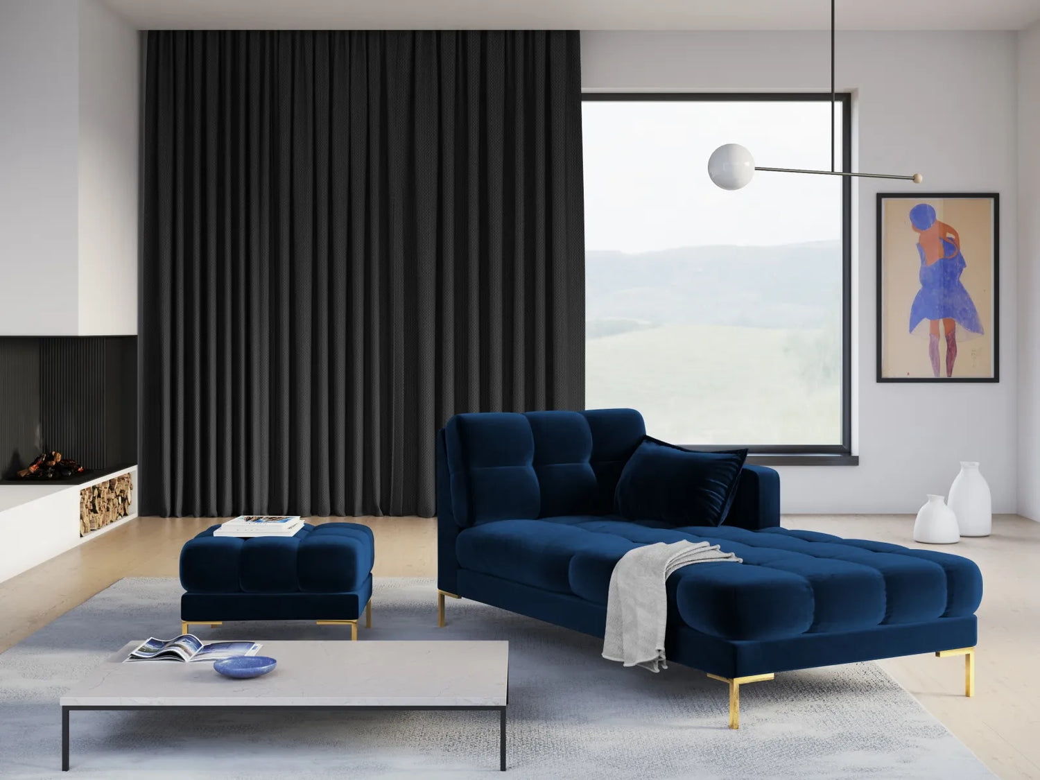 Mamaia 2-Sitzer Chaiselongue Rechte Seite, Beine Goldmetall, mit Bezug aus Samt (Blu86) in Königsblau, 185x102 cm – Bild 2