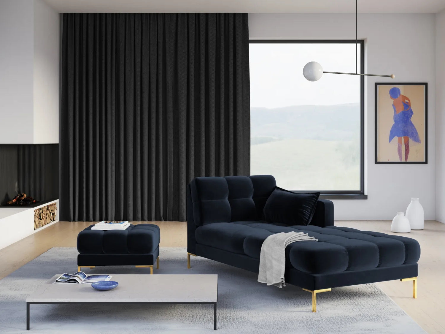 Mamaia 2-Sitzer Chaiselongue Rechte Seite, Beine Goldmetall, mit Bezug aus Samt (Blu89) in Dunkelblau, 185x102 cm – Bild 2