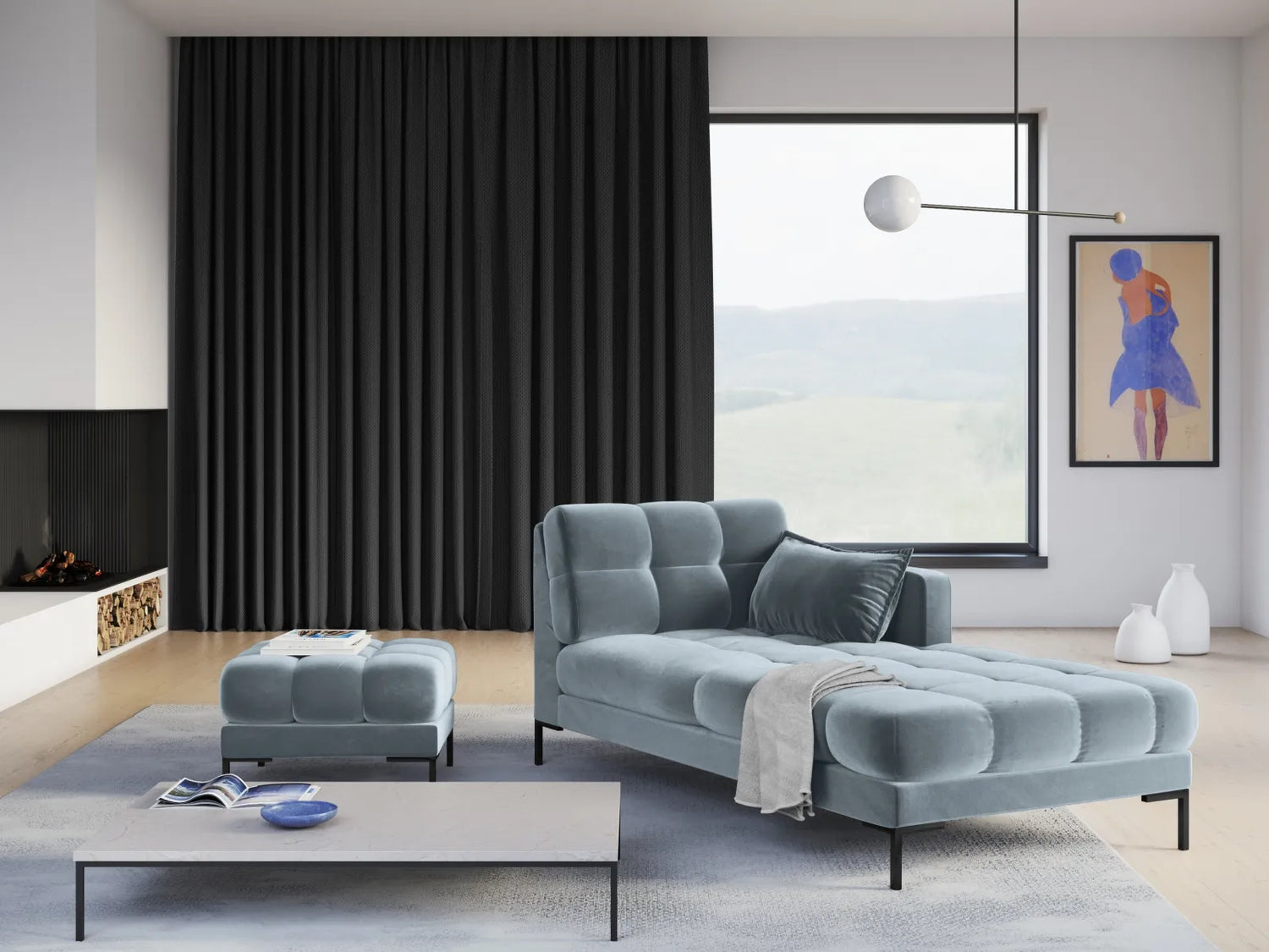 Mamaia 2-Sitzer Chaiselongue Rechte Seite, Metallbeine Schwarz, mit Bezug aus Samt (Blu06) in Hellblau, 185x102 cm – Bild 2