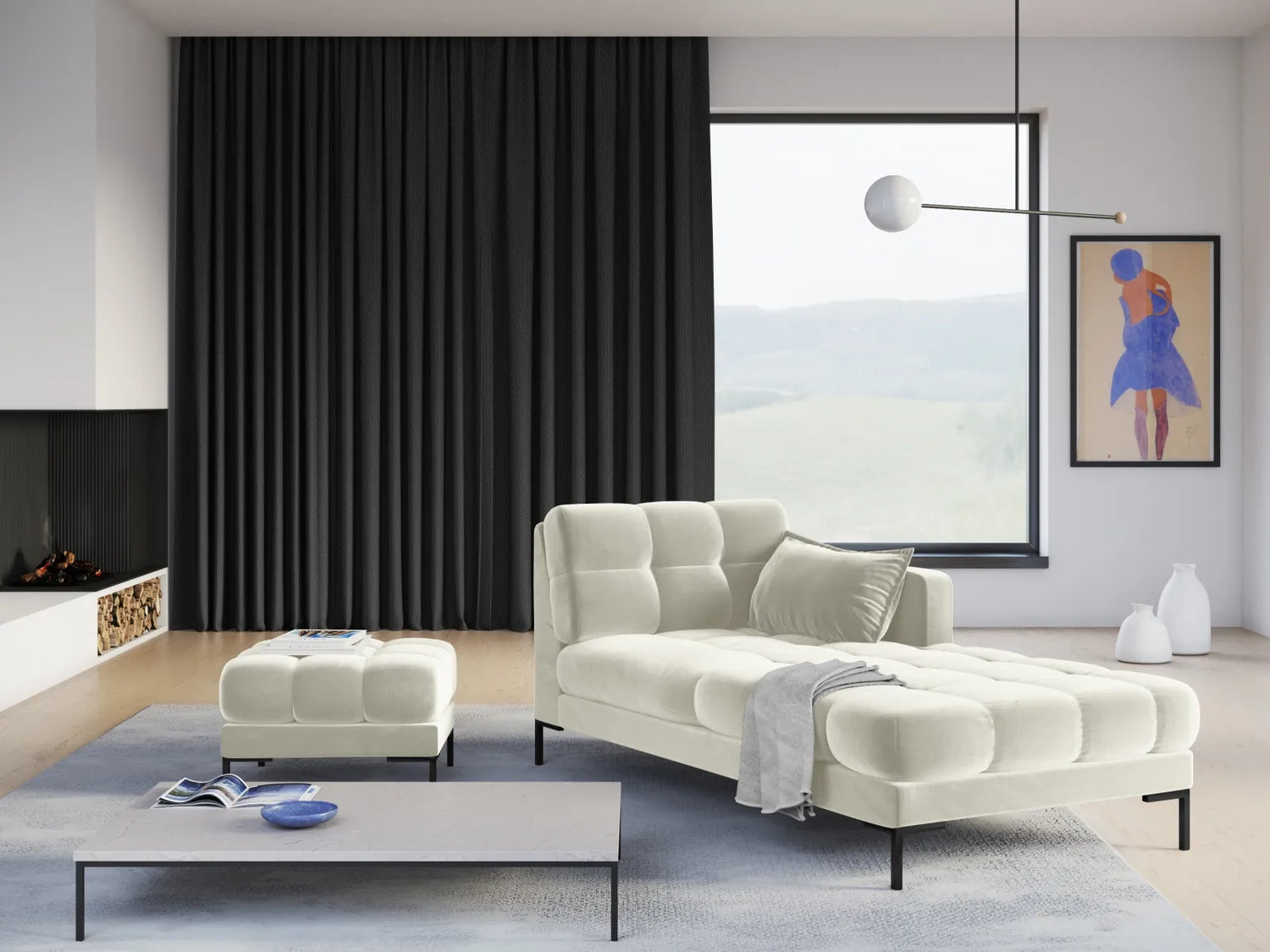 Mamaia 2-Sitzer Chaiselongue Rechte Seite, Metallbeine Schwarz, mit Bezug aus Samt (Blu22) in Leichtes Beige, 185x102 cm – Bild 2