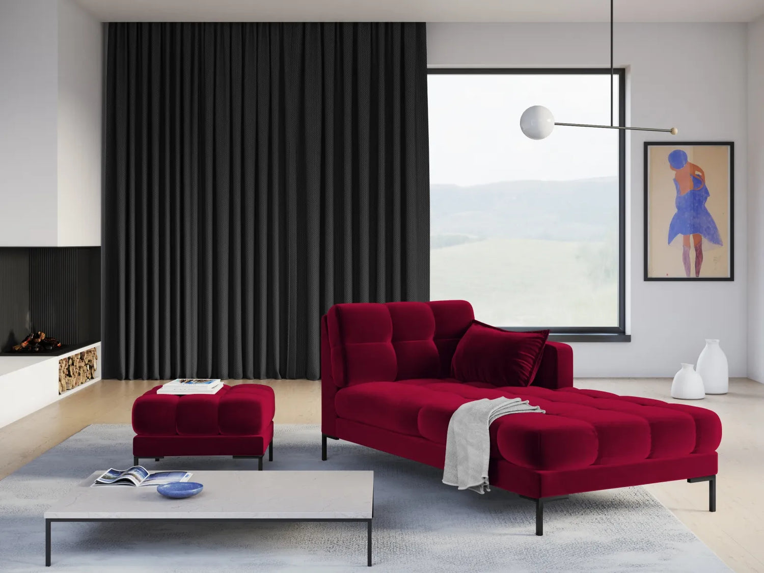 Mamaia 2-Sitzer Chaiselongue Rechte Seite, Metallbeine Schwarz, mit Bezug aus Samt (Blu59) in Rot, 185x102 cm – Bild 2