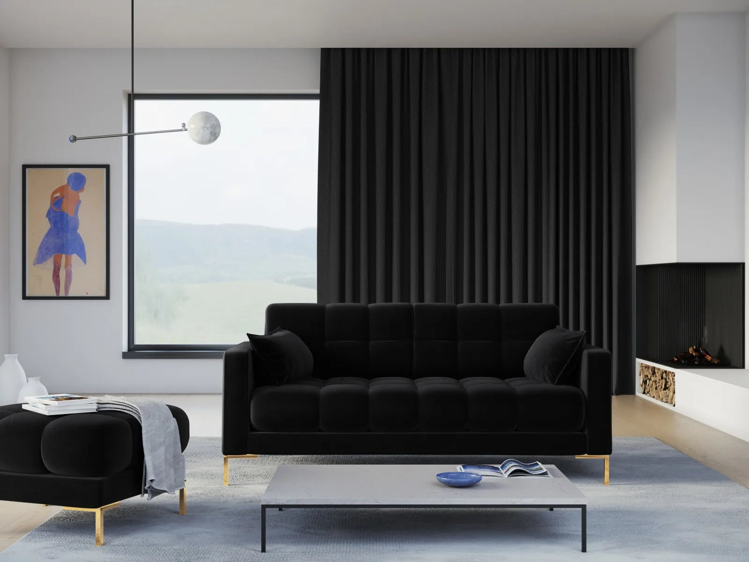 Mamaia 2-Sitzer Sofa, Beine Goldmetall, mit Bezug aus Samt (Blu19) in Schwarz, 152x96 cm – Bild 2
