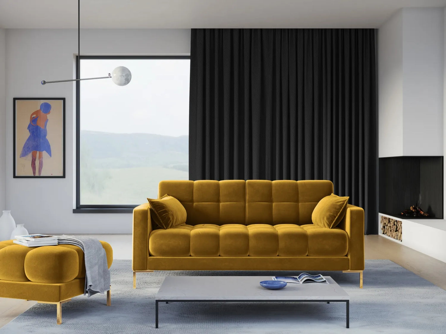Mamaia 2-Sitzer Sofa, Beine Goldmetall, mit Bezug aus Samt (Blu68) in Gelb, 152x96 cm – Bild 2