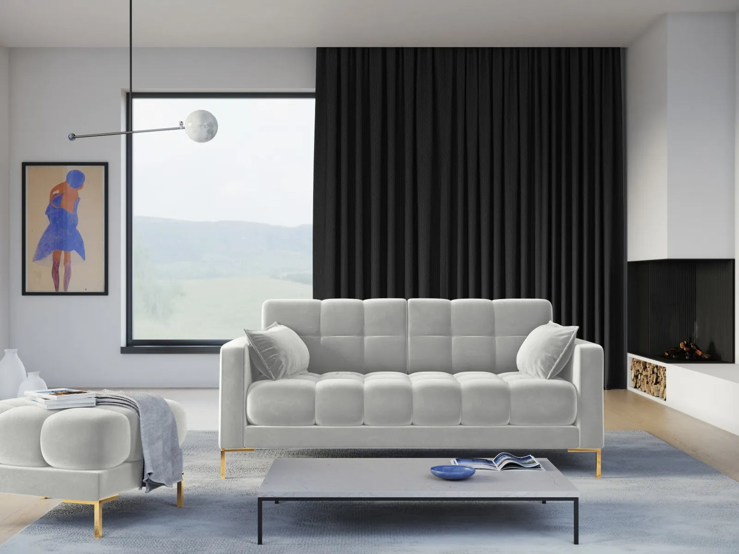 Mamaia 3-Sitzer Sofa, Beine Goldmetall, mit Bezug aus Samt (Blu03) in Silber, 177x96 cm – Bild 2