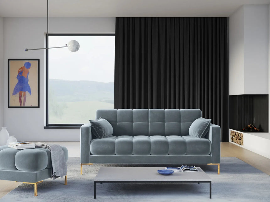 Mamaia 3-Sitzer Sofa, Beine Goldmetall, mit Bezug aus Samt (Blu06) in Hellblau, 177x96 cm – Bild 2