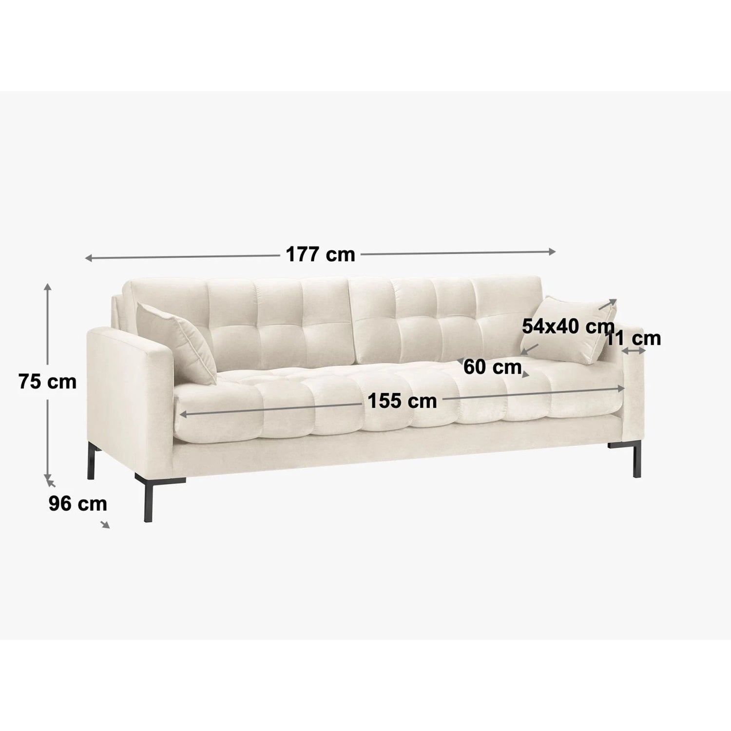 Mamaia 3-Sitzer Sofa, Metallbeine Schwarz, mit Bezug aus Samt (Blu13) in Hellgrau, 177x96 cm – Bild 3