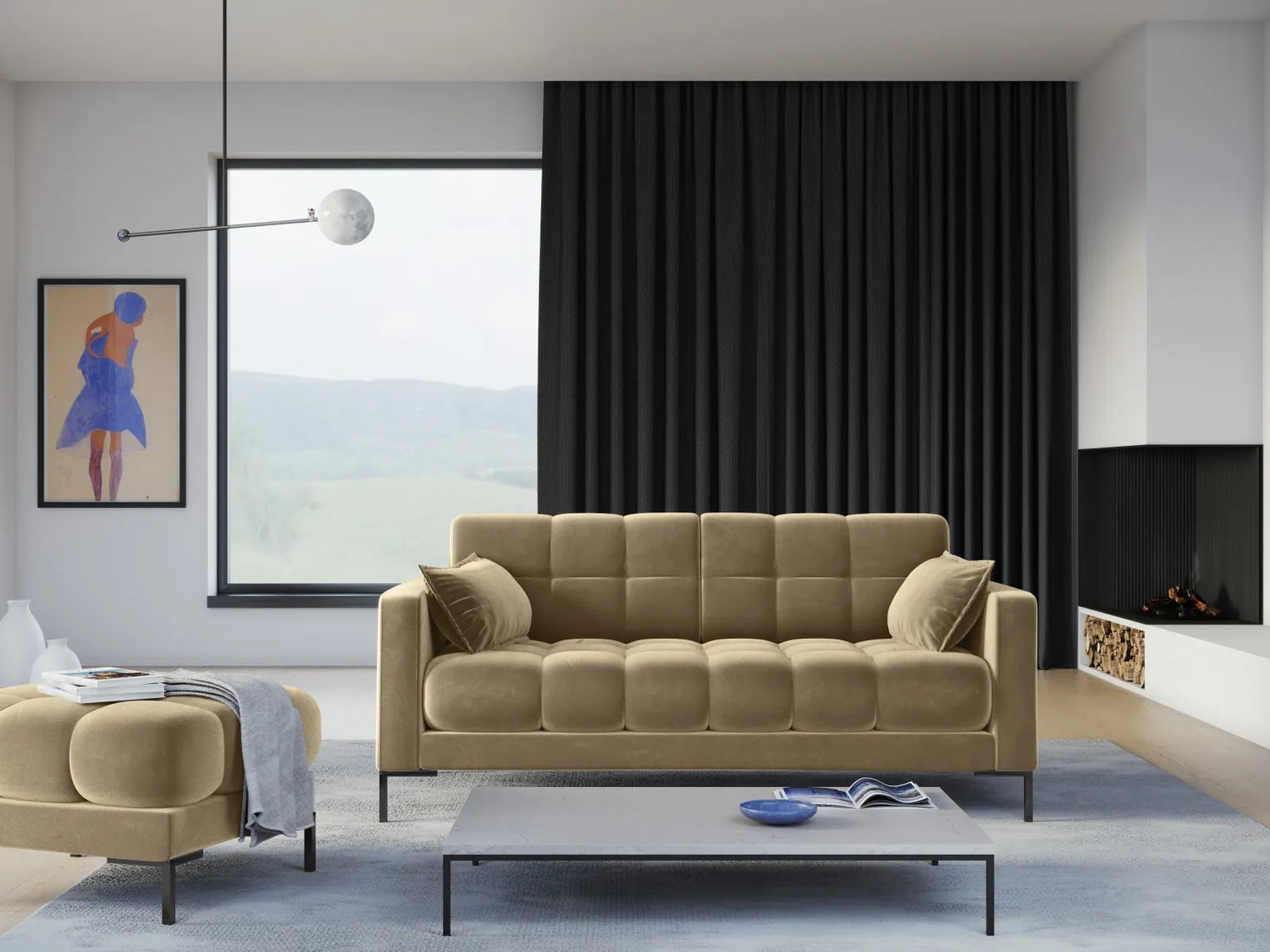 Mamaia 3-Sitzer Sofa, Metallbeine Schwarz, mit Bezug aus Samt (Blu28) in Beige, 177x96 cm – Bild 2