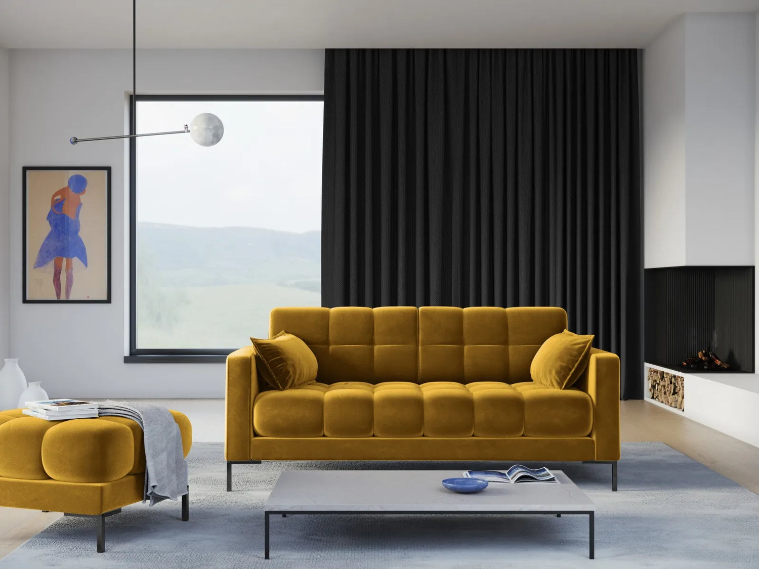 Mamaia 3-Sitzer Sofa, Metallbeine Schwarz, mit Bezug aus Samt (Blu68) in Gelb, 177x96 cm – Bild 2