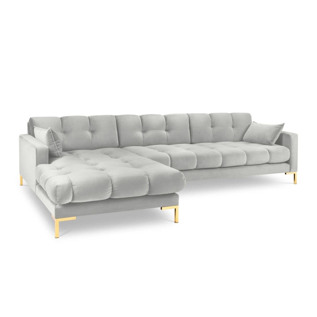 Mamaia 4-Sitzer Ecksofa, Linke Seite, Beine Goldmetall, mit Bezug aus Samt (Blu03) in Silber, 293x185 cm – Bild 1