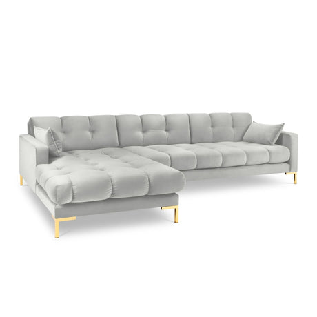 Mamaia 4-Sitzer Ecksofa, Linke Seite, Beine Goldmetall, mit Bezug aus Samt (Blu03) in Silber, 293x185 cm – Bild 1