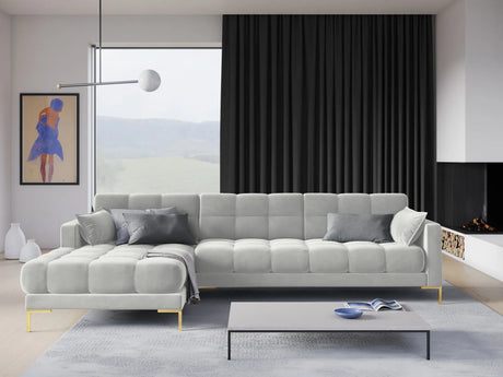 Mamaia 4-Sitzer Ecksofa, Linke Seite, Beine Goldmetall, mit Bezug aus Samt (Blu03) in Silber, 293x185 cm – Bild 2