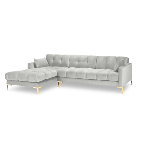 Mamaia 4-Sitzer Ecksofa, Linke Seite, Beine Goldmetall, mit Bezug aus Samt (Blu03) in Silber, 293x185 cm – Bild 4