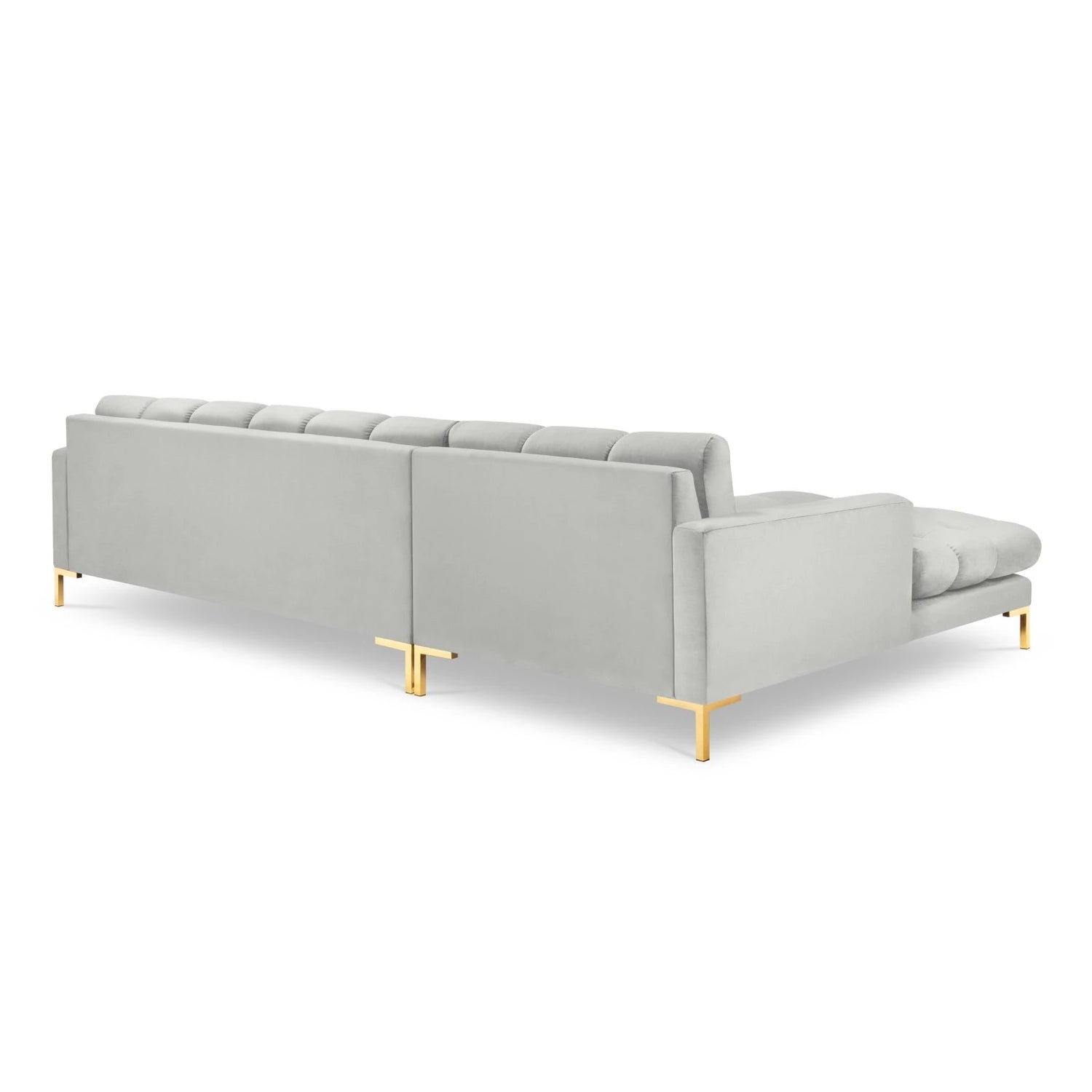 Mamaia 4-Sitzer Ecksofa, Linke Seite, Beine Goldmetall, mit Bezug aus Samt (Blu03) in Silber, 293x185 cm – Bild 5