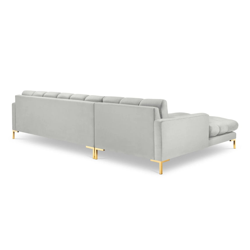 Mamaia 4-Sitzer Ecksofa, Linke Seite, Beine Goldmetall, mit Bezug aus Samt (Blu03) in Silber, 293x185 cm – Bild 5
