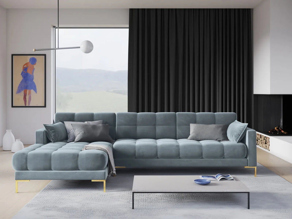Mamaia 4-Sitzer Ecksofa, Linke Seite, Beine Goldmetall, mit Bezug aus Samt (Blu06) in Hellblau, 293x185 cm – Bild 2