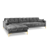 Mamaia 4-Sitzer Ecksofa, Linke Seite, Beine Goldmetall, mit Bezug aus Samt (Blu13) in Hellgrau, 293x185 cm – Bild 1