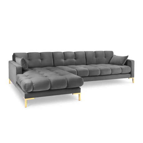 Mamaia 4-Sitzer Ecksofa, Linke Seite, Beine Goldmetall, mit Bezug aus Samt (Blu13) in Hellgrau, 293x185 cm – Bild 1
