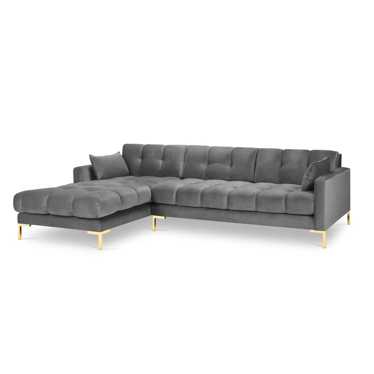 Mamaia 4-Sitzer Ecksofa, Linke Seite, Beine Goldmetall, mit Bezug aus Samt (Blu13) in Hellgrau, 293x185 cm – Bild 4