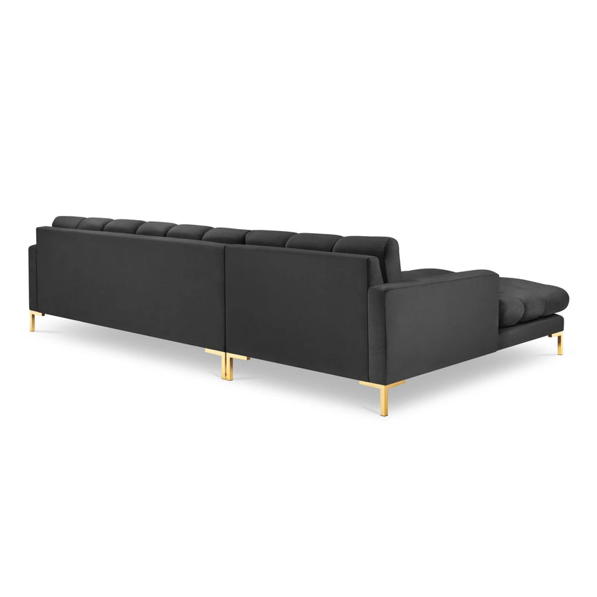 Mamaia 4-Sitzer Ecksofa, Linke Seite, Beine Goldmetall, mit Bezug aus Samt (Blu18) in Dunkelgrau, 293x185 cm – Bild 5
