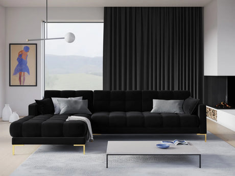 Mamaia 4-Sitzer Ecksofa, Linke Seite, Beine Goldmetall, mit Bezug aus Samt (Blu19) in Schwarz, 293x185 cm – Bild 2