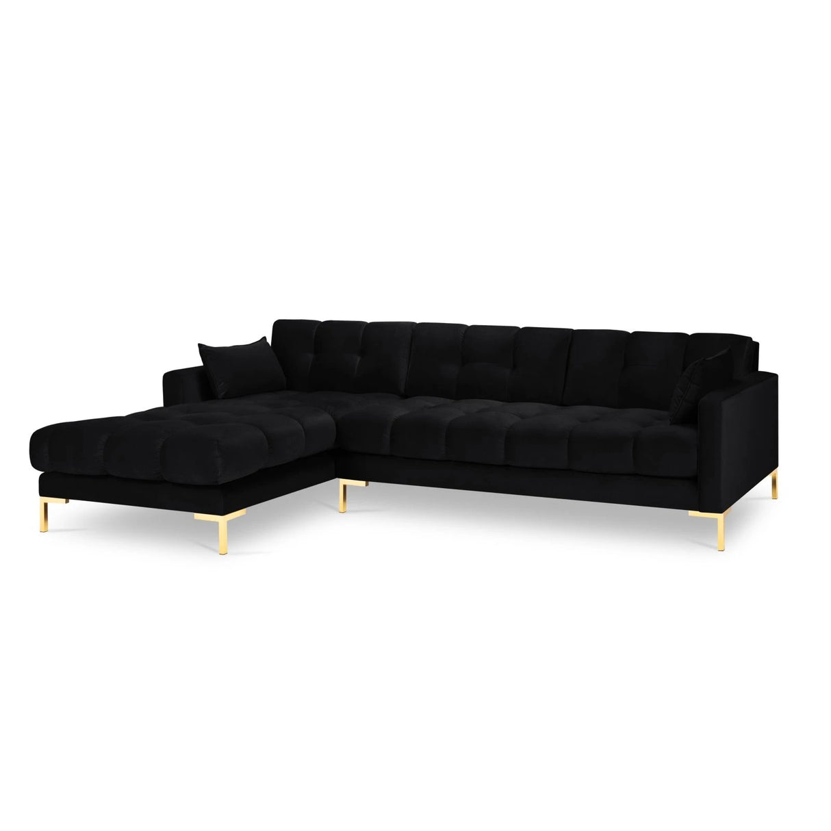 Mamaia 4-Sitzer Ecksofa, Linke Seite, Beine Goldmetall, mit Bezug aus Samt (Blu19) in Schwarz, 293x185 cm – Bild 4