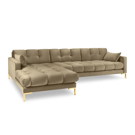 Mamaia 4-Sitzer Ecksofa, Linke Seite, Beine Goldmetall, mit Bezug aus Samt (Blu28) in Beige, 293x185 cm – Bild 1