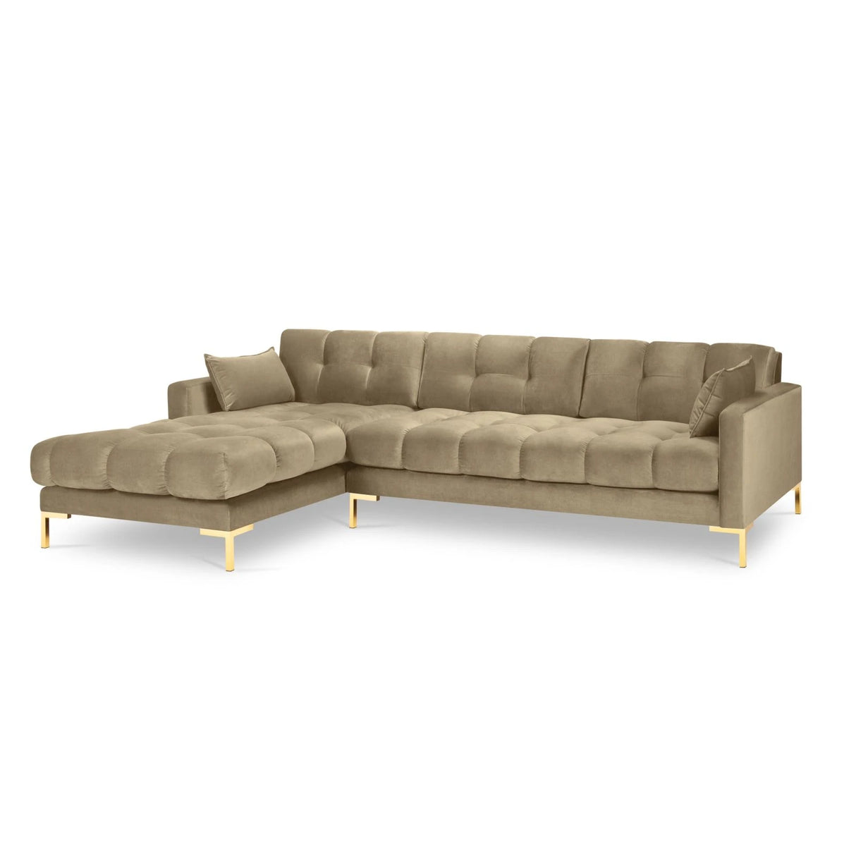 Mamaia 4-Sitzer Ecksofa, Linke Seite, Beine Goldmetall, mit Bezug aus Samt (Blu28) in Beige, 293x185 cm – Bild 4