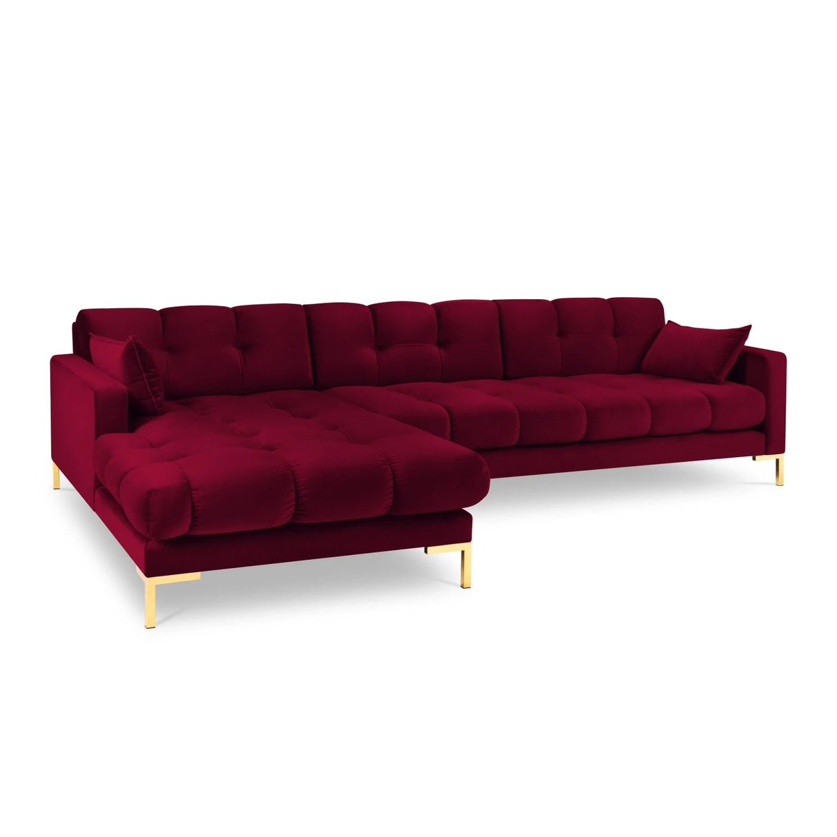 Mamaia 4-Sitzer Ecksofa, Linke Seite, Beine Goldmetall, mit Bezug aus Samt (Blu59) in Rot, 293x185 cm – Bild 1