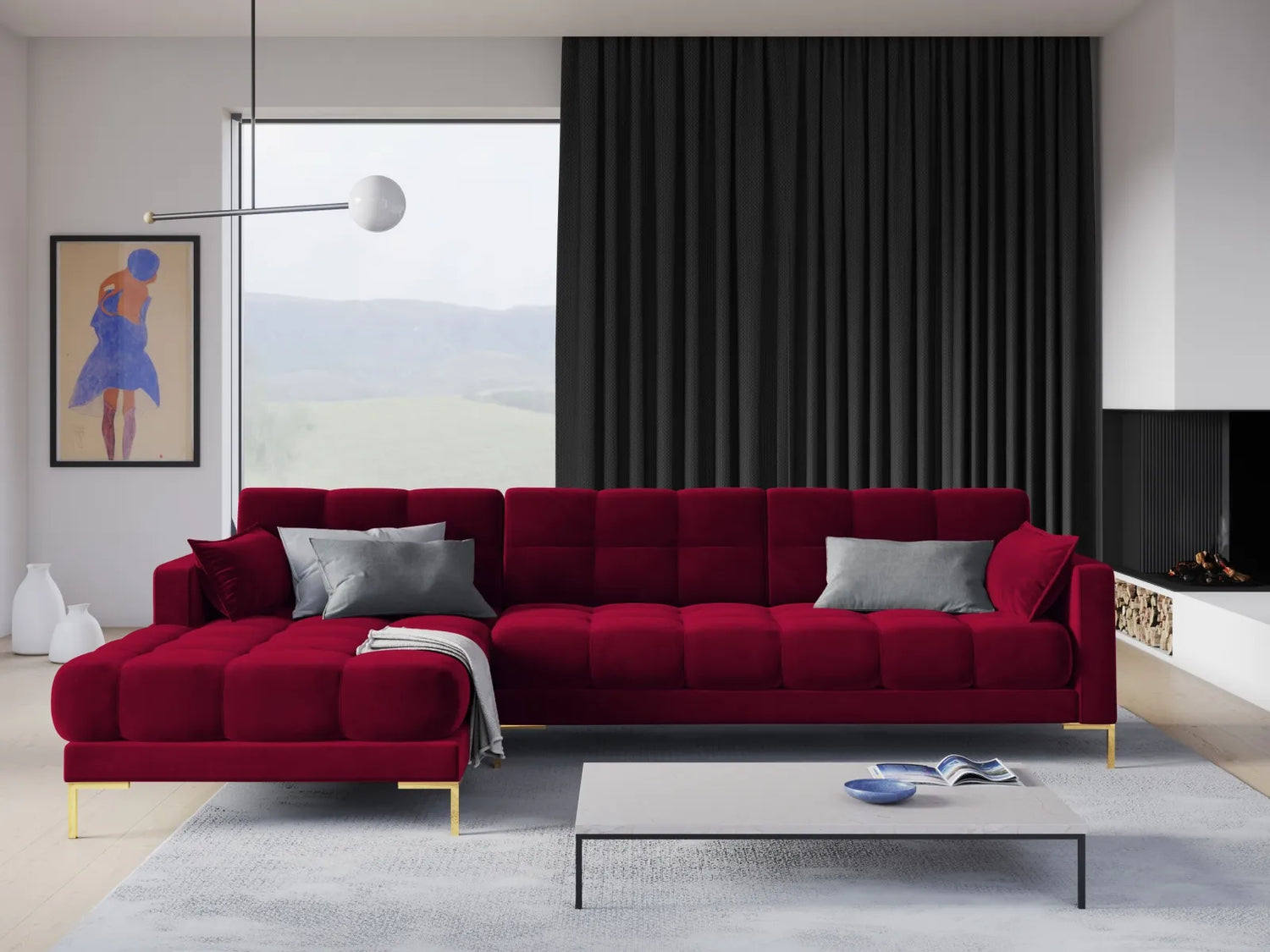 Mamaia 4-Sitzer Ecksofa, Linke Seite, Beine Goldmetall, mit Bezug aus Samt (Blu59) in Rot, 293x185 cm – Bild 2