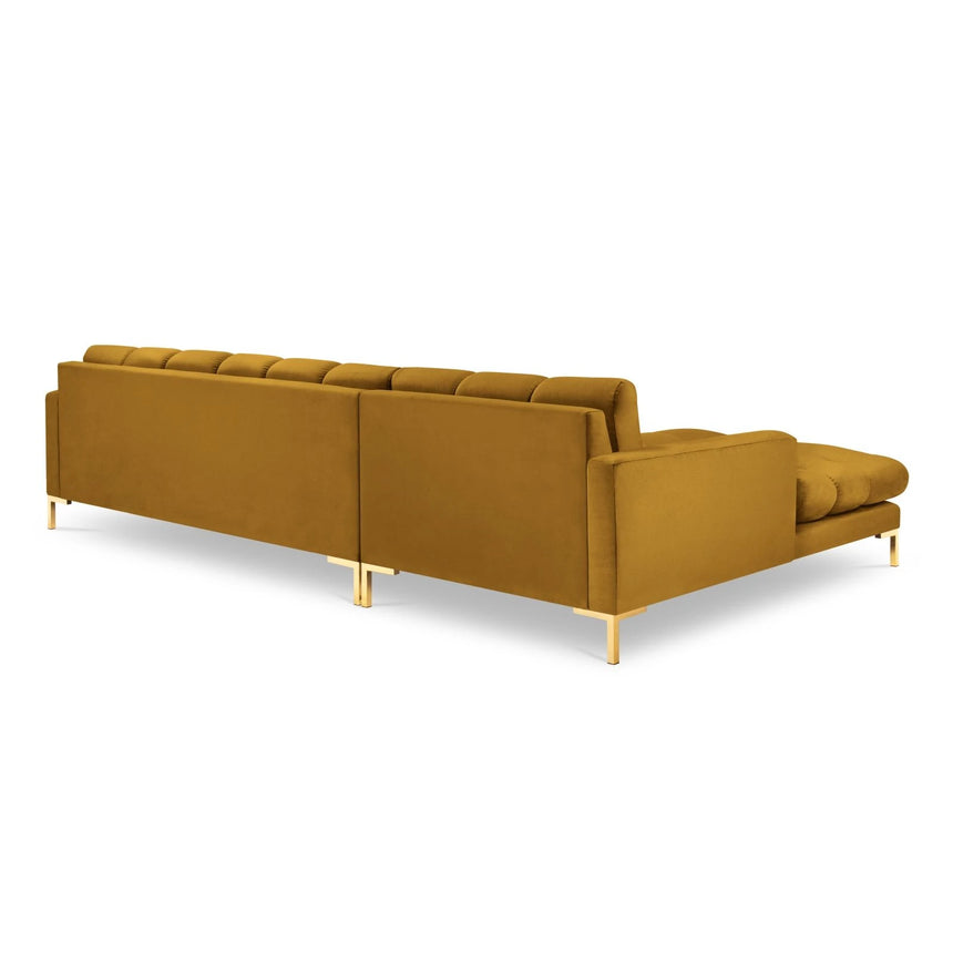 Mamaia 4-Sitzer Ecksofa, Linke Seite, Beine Goldmetall, mit Bezug aus Samt (Blu68) in Gelb, 293x185 cm – Bild 5
