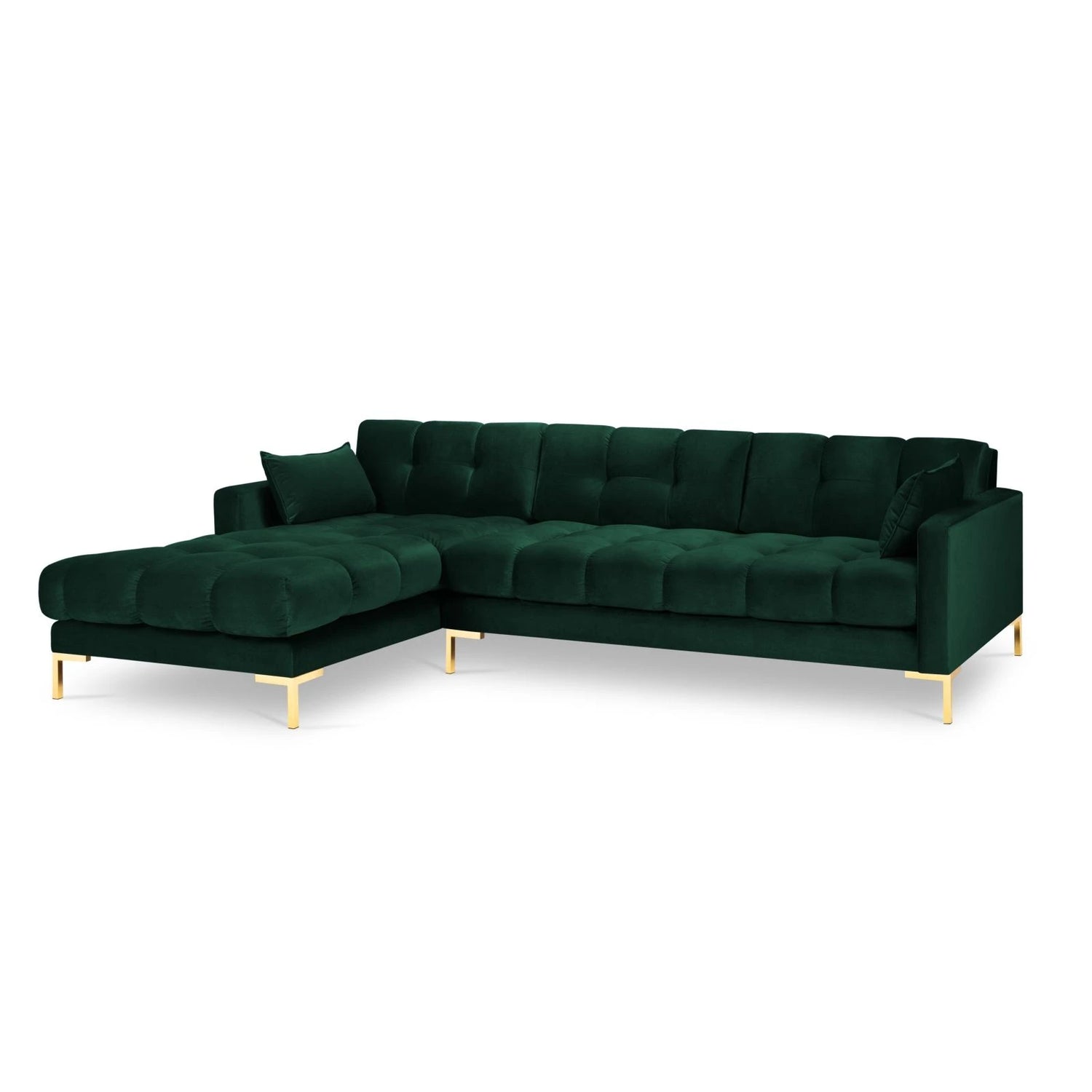 Mamaia 4-Sitzer Ecksofa, Linke Seite, Beine Goldmetall, mit Bezug aus Samt (Blu78) in Flaschengrün, 293x185 cm – Bild 4