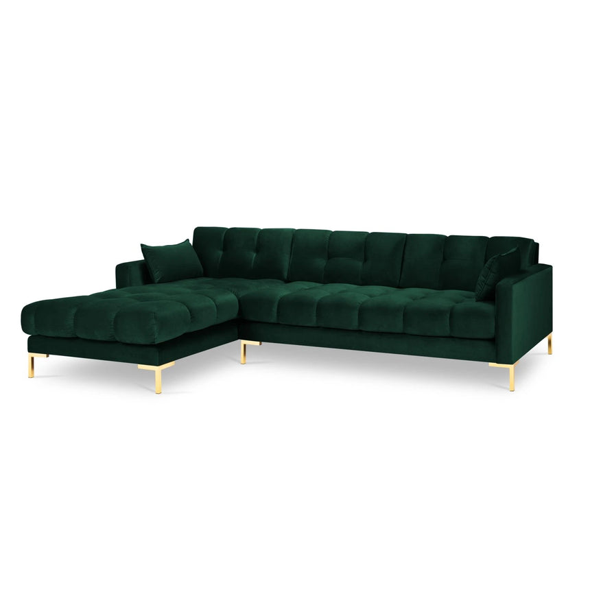 Mamaia 4-Sitzer Ecksofa, Linke Seite, Beine Goldmetall, mit Bezug aus Samt (Blu78) in Flaschengrün, 293x185 cm – Bild 4