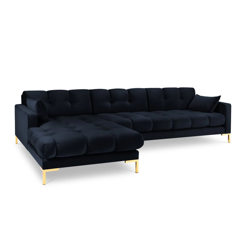 Mamaia 4-Sitzer Ecksofa, Linke Seite, Beine Goldmetall, mit Bezug aus Samt (Blu89) in Dunkelblau, 293x185 cm – Bild 1