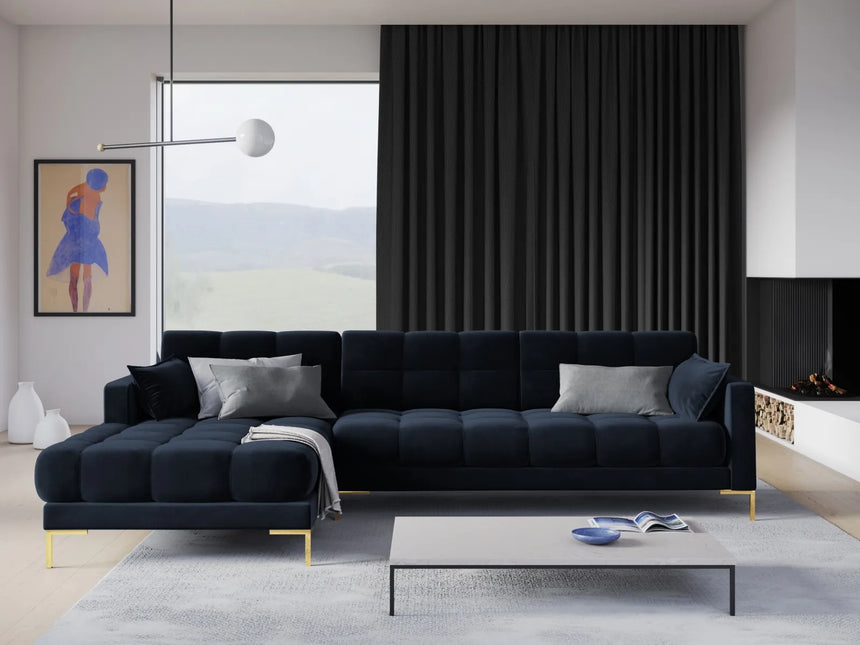 Mamaia 4-Sitzer Ecksofa, Linke Seite, Beine Goldmetall, mit Bezug aus Samt (Blu89) in Dunkelblau, 293x185 cm – Bild 2