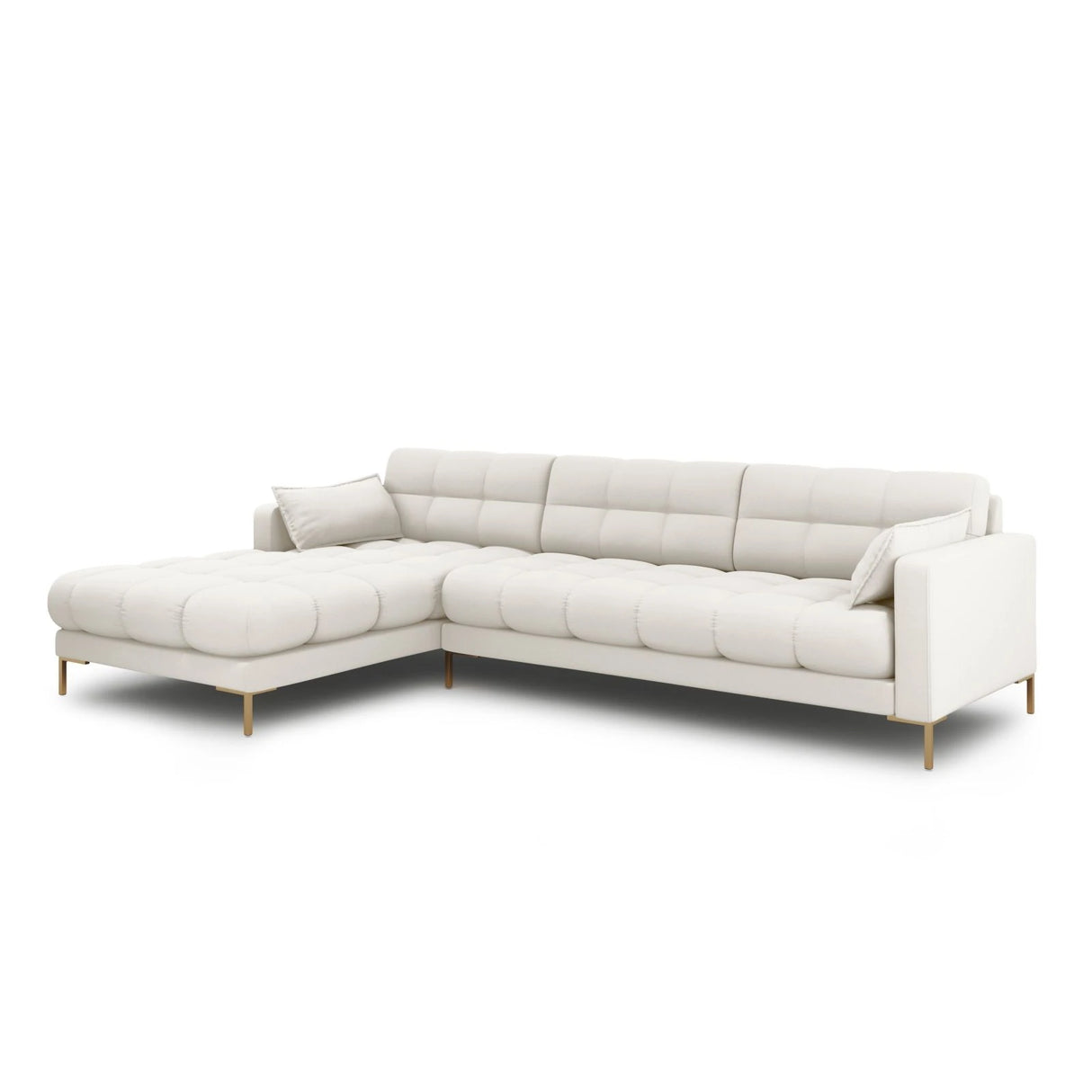 Mamaia 4-Sitzer Ecksofa, Linke Seite, Beine Goldmetall, mit Bezug aus Samt oder Strukturstoff, 293x185 cm – Bild 3