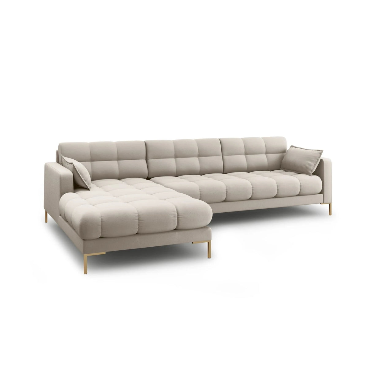 Mamaia 4-Sitzer Ecksofa, Linke Seite, Beine Goldmetall, mit Bezug aus Strukturierter Stoff (Nev04) in Beige, 293x185 cm – Bild 4