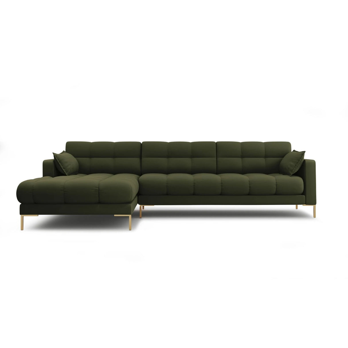 Mamaia 4-Sitzer Ecksofa, Linke Seite, Beine Goldmetall, mit Bezug aus Strukturierter Stoff (Nev39) in Grün, 293x185 cm – Bild 1