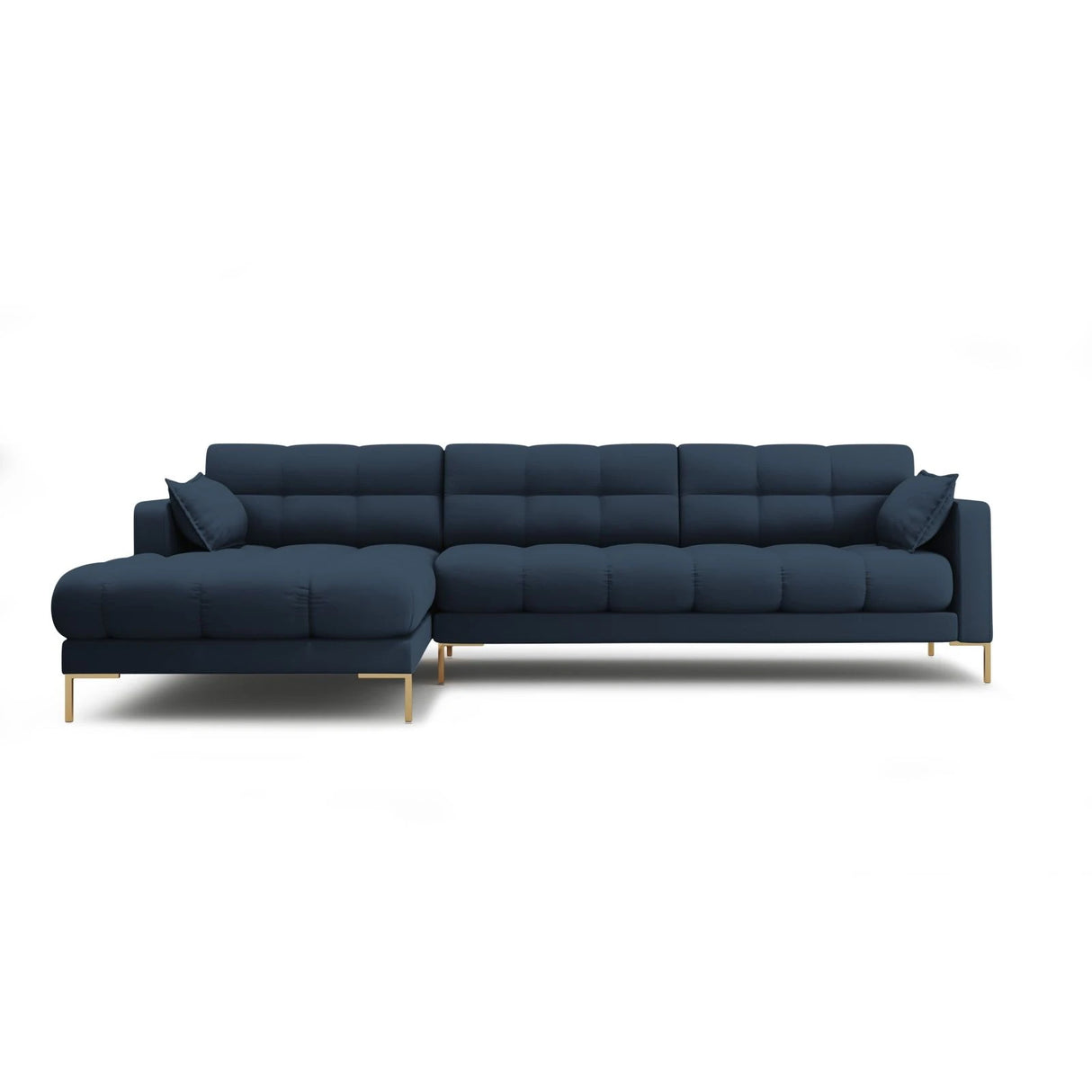 Mamaia 4-Sitzer Ecksofa, Linke Seite, Beine Goldmetall, mit Bezug aus Strukturierter Stoff (Nev77) in Blau, 293x185 cm – Bild 1