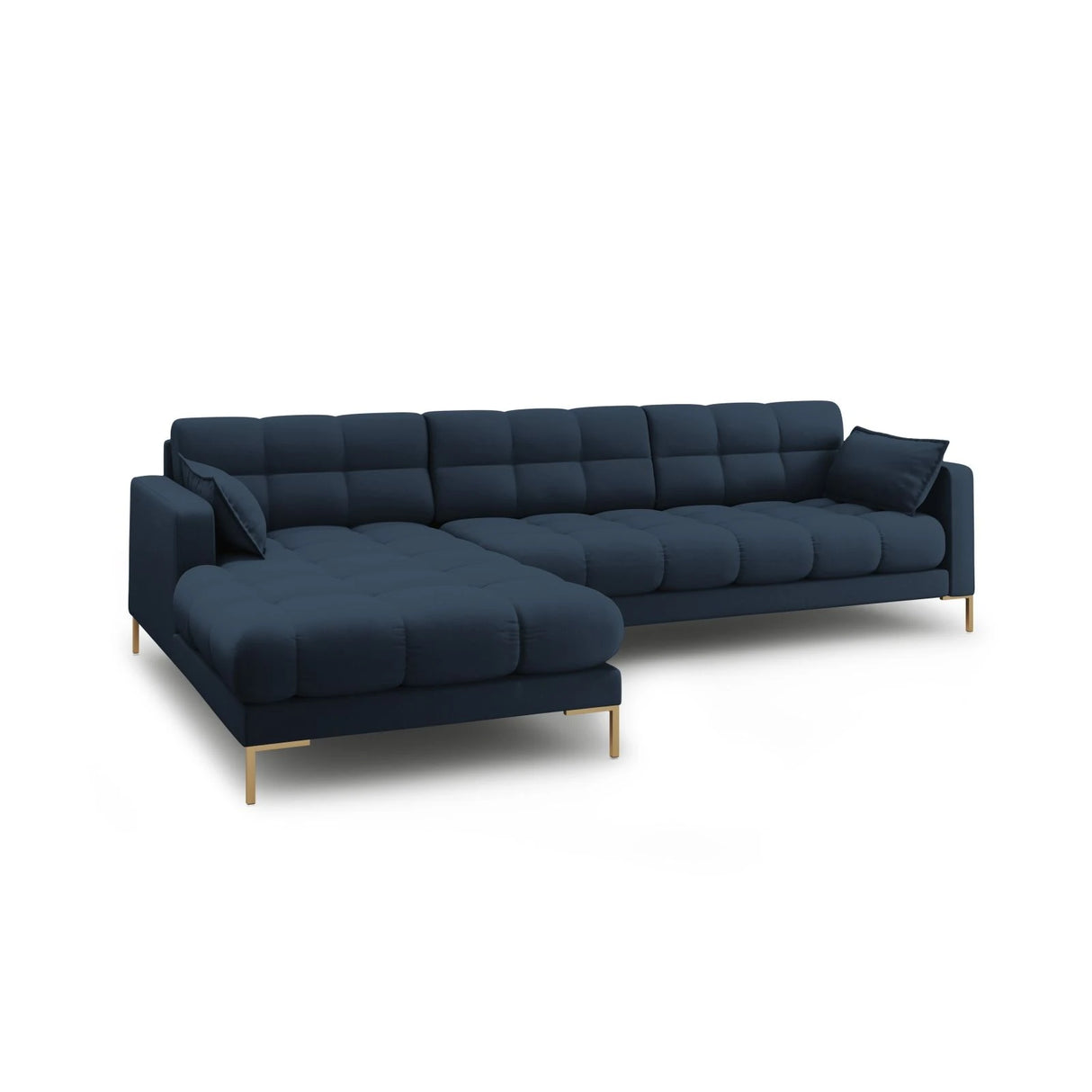 Mamaia 4-Sitzer Ecksofa, Linke Seite, Beine Goldmetall, mit Bezug aus Strukturierter Stoff (Nev77) in Blau, 293x185 cm – Bild 4