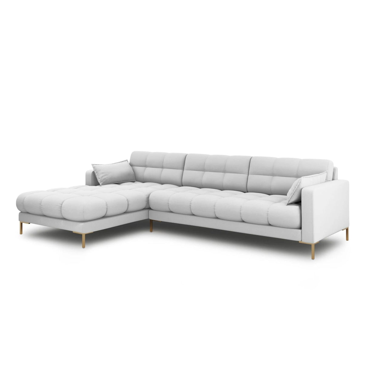 Mamaia 4-Sitzer Ecksofa, Linke Seite, Beine Goldmetall, mit Bezug aus Strukturierter Stoff (Nev80) in Hellgrau, 293x185 cm – Bild 3
