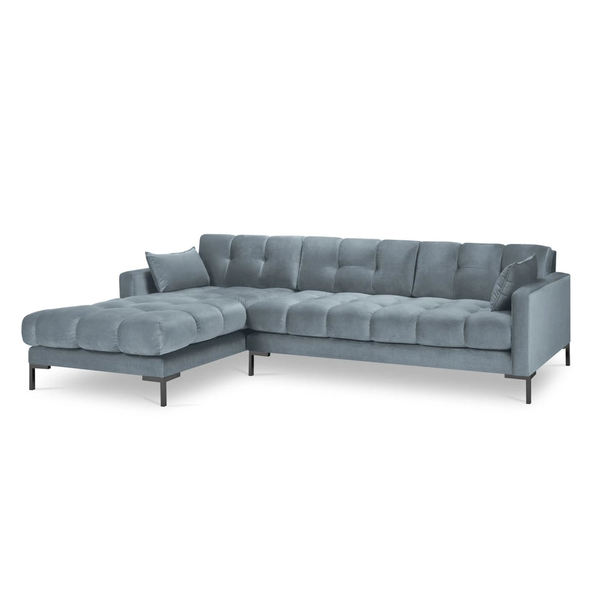 Mamaia 4-Sitzer Ecksofa, Linke Seite, Metallbeine Schwarz, mit Bezug aus Samt (Blu06) in Hellblau, 293x185 cm – Bild 4