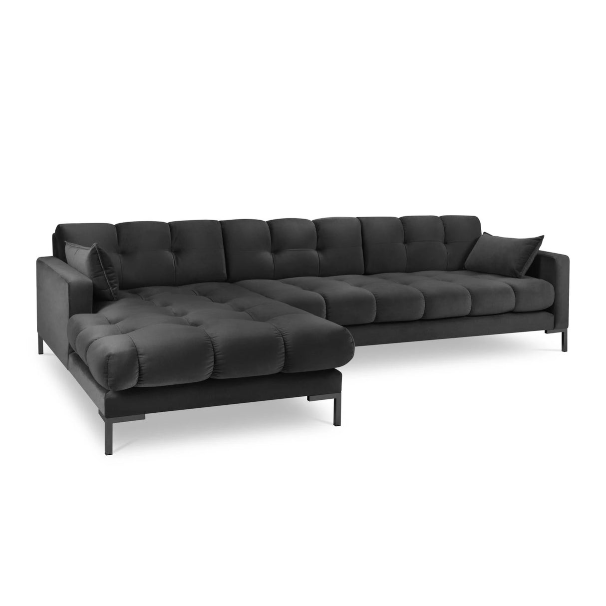 Mamaia 4-Sitzer Ecksofa, Linke Seite, Metallbeine Schwarz, mit Bezug aus Samt (Blu18) in Dunkelgrau, 293x185 cm – Bild 1