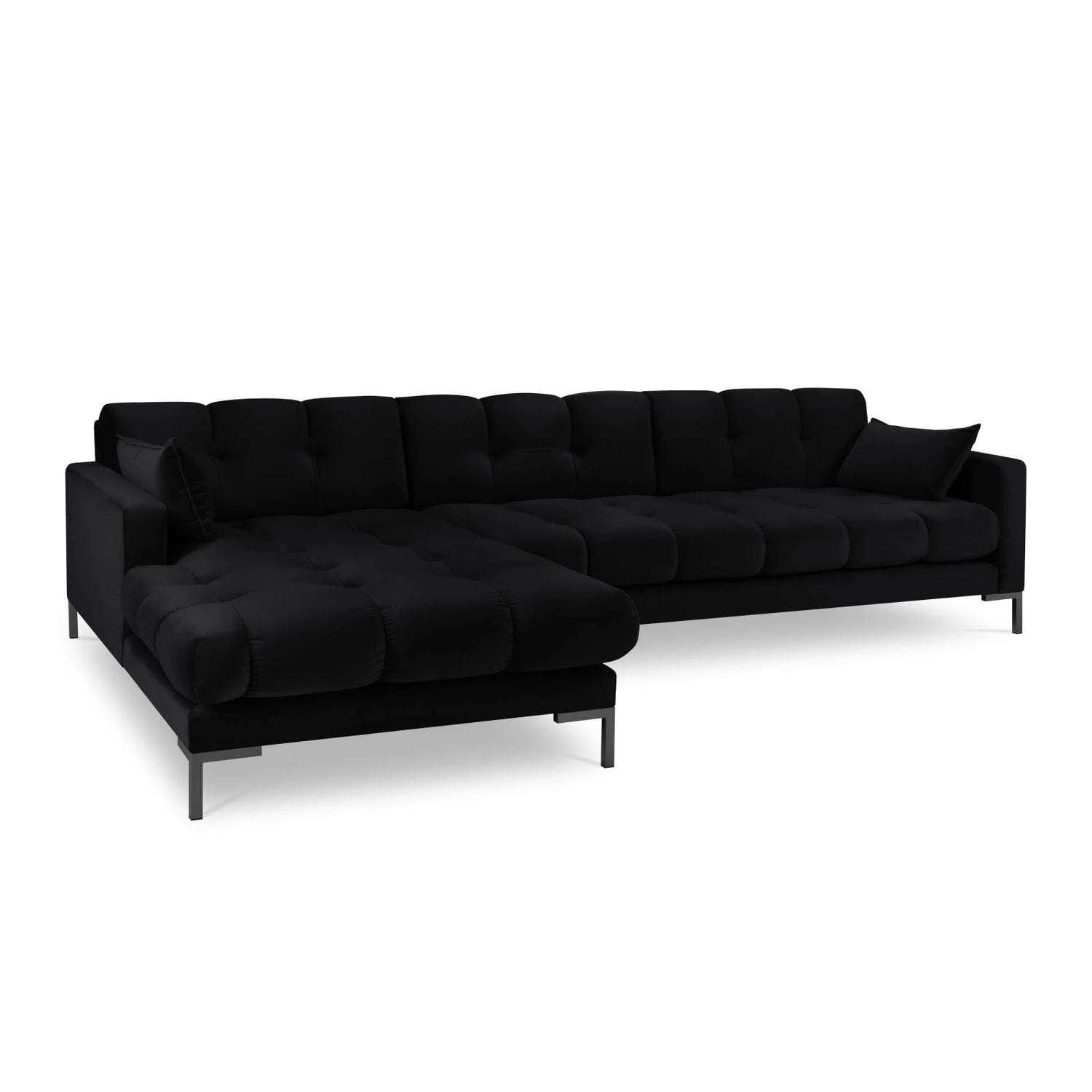 Mamaia 4-Sitzer Ecksofa, Linke Seite, Metallbeine Schwarz, mit Bezug aus Samt (Blu19) in Schwarz, 293x185 cm – Bild 1