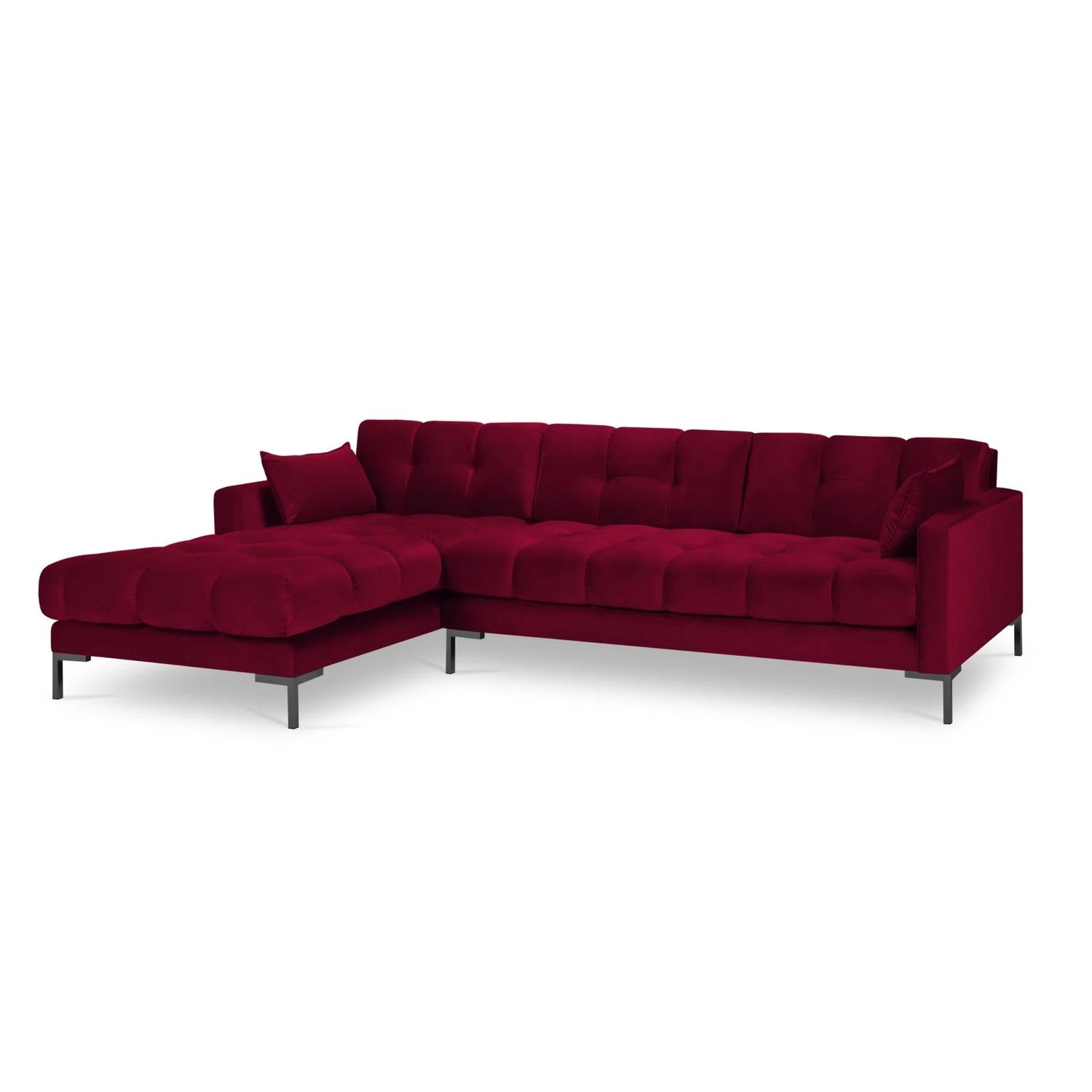 Mamaia 4-Sitzer Ecksofa, Linke Seite, Metallbeine Schwarz, mit Bezug aus Samt (Blu59) in Rot, 293x185 cm – Bild 4