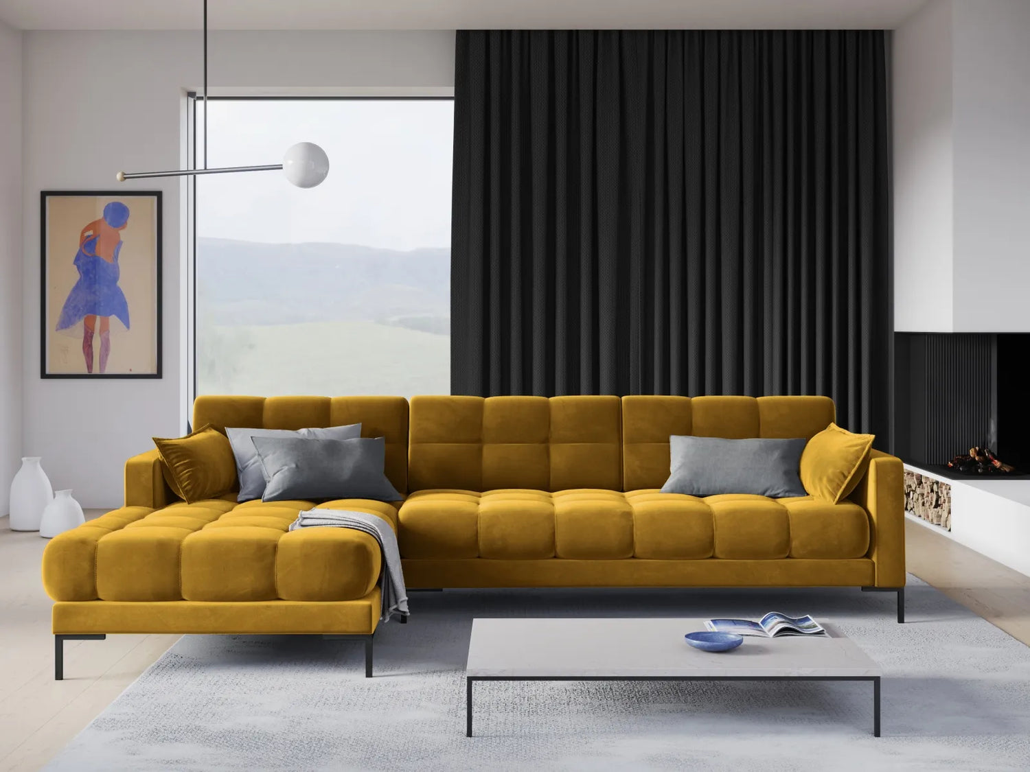 Mamaia 4-Sitzer Ecksofa, Linke Seite, Metallbeine Schwarz, mit Bezug aus Samt (Blu68) in Gelb, 293x185 cm – Bild 2