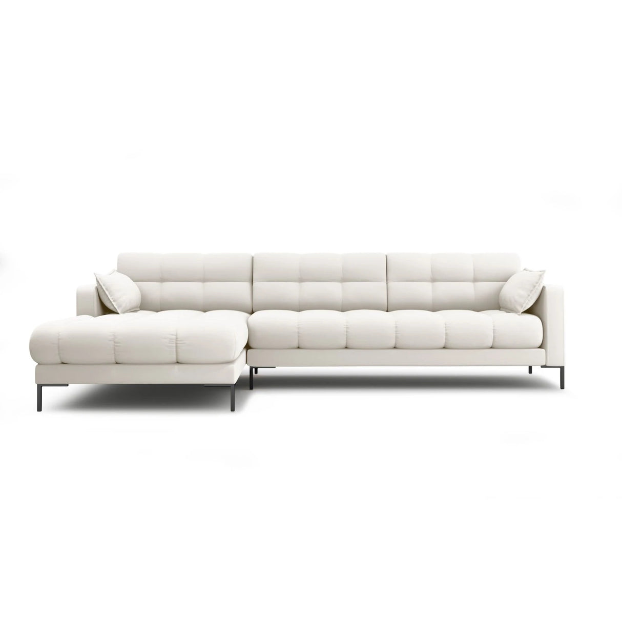 Mamaia 4-Sitzer Ecksofa, Linke Seite, Metallbeine Schwarz, mit Bezug aus Samt oder Strukturstoff, 293x185 cm – Bild 1