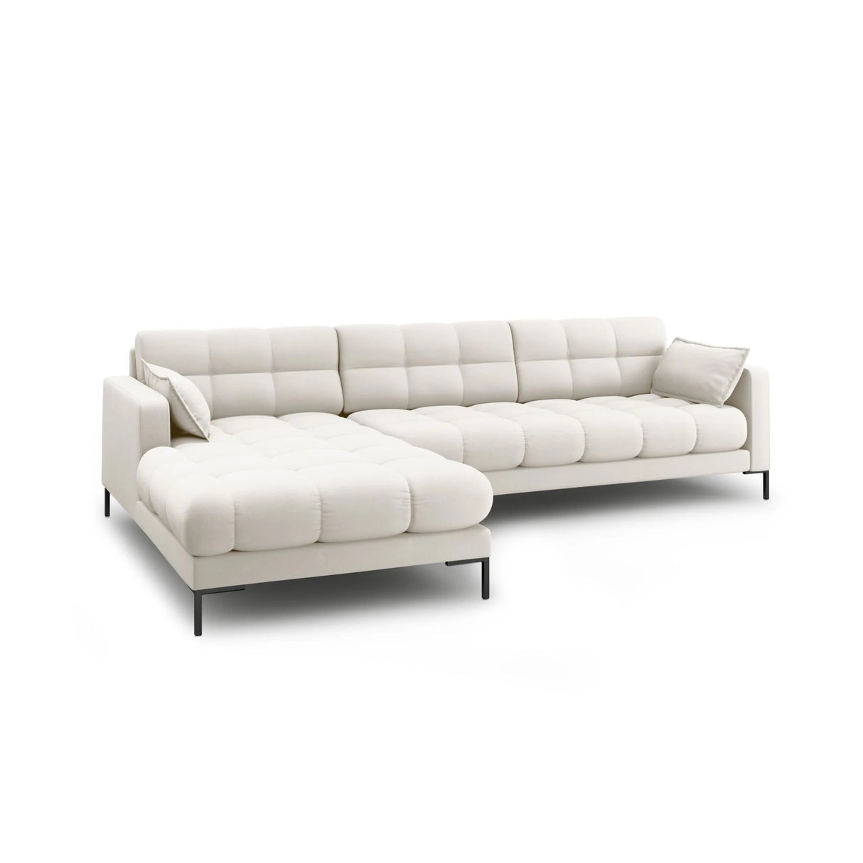 Mamaia 4-Sitzer Ecksofa, Linke Seite, Metallbeine Schwarz, mit Bezug aus Samt oder Strukturstoff, 293x185 cm – Bild 4
