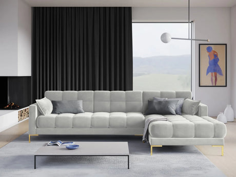 Mamaia 4-Sitzer Ecksofa, Rechte Seite, Beine Goldmetall, mit Bezug aus Samt (Blu03) in Silber, 293x185 cm – Bild 2